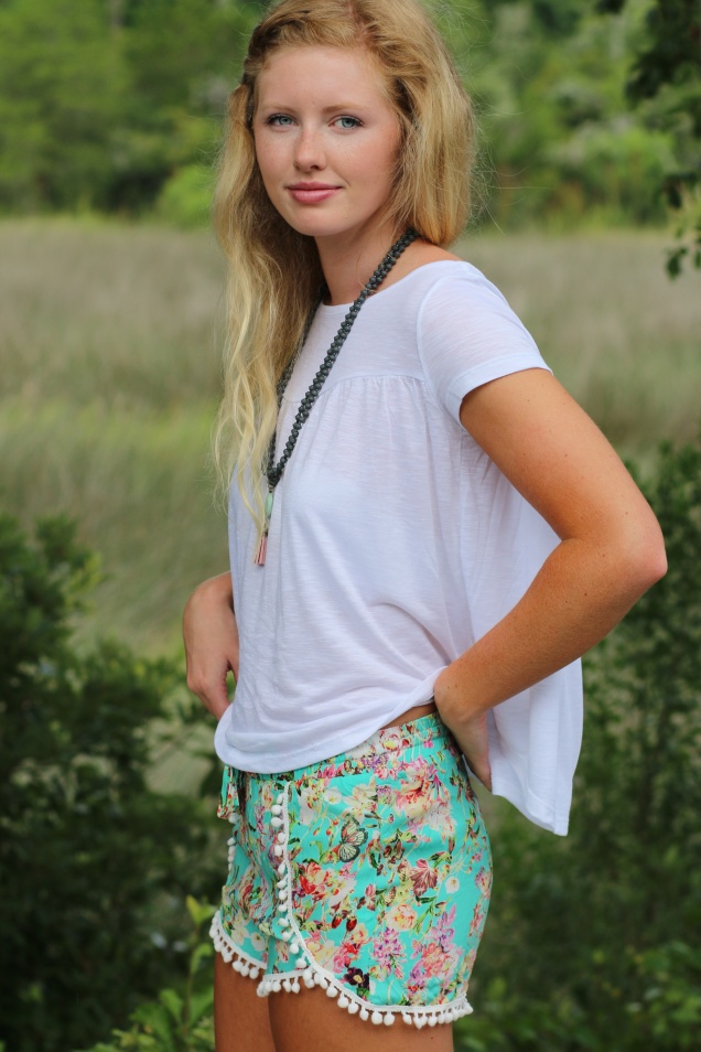 Wild Souls - Babydoll Tee in White with Floral Pom Pom Shorts in mint - shopwildsouls.com