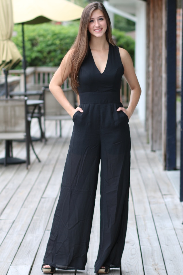 Black Criss Cross Back Jumpsuit with Red Sequin Elbow Patch Cardigan